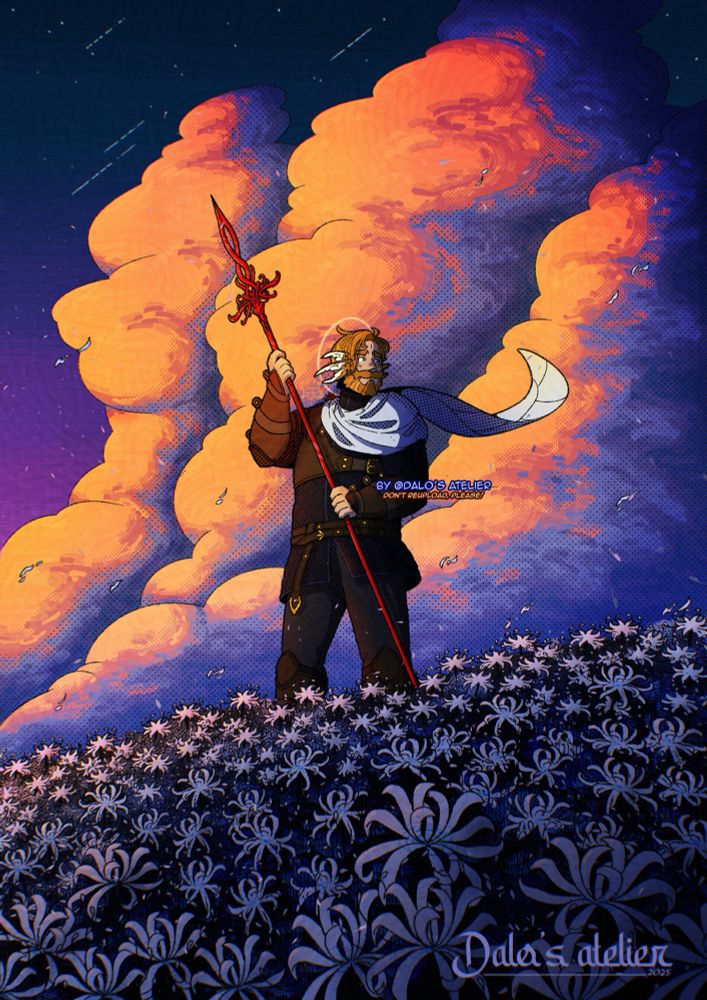 An illustration of Aquiles, my character from the Curse of Strahd campaign, standing on a hill covered in white spider lilies. He leans lightly on his long red spear, its polished surface catching the last warm light of the setting sun. His dark gambeson and leather armor pieces contrast with the white scarf draped around his shoulders, the fabric lifting in the wind as petals swirl around him. Aquiles has red hair and a matching beard, both softly lit by the fading sunlight. At each side of his head, three small pairs of wings extend outward, framing his face in a gentle, angelic silhouette. His expression is calm but tinged with hesitation as he looks back over his shoulder, as if drawn toward something he cannot fully leave behind. Behind him, towering clouds glow with vivid oranges and deep purples against the early night sky, hinting at the quiet moment between day and dusk.