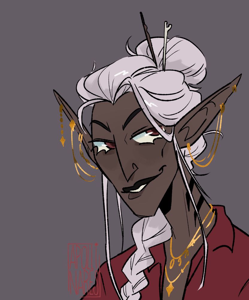 A digital drawing of user Punkforkos's character Dante, shoulders up. They are a drow with purple skin and white hair.
