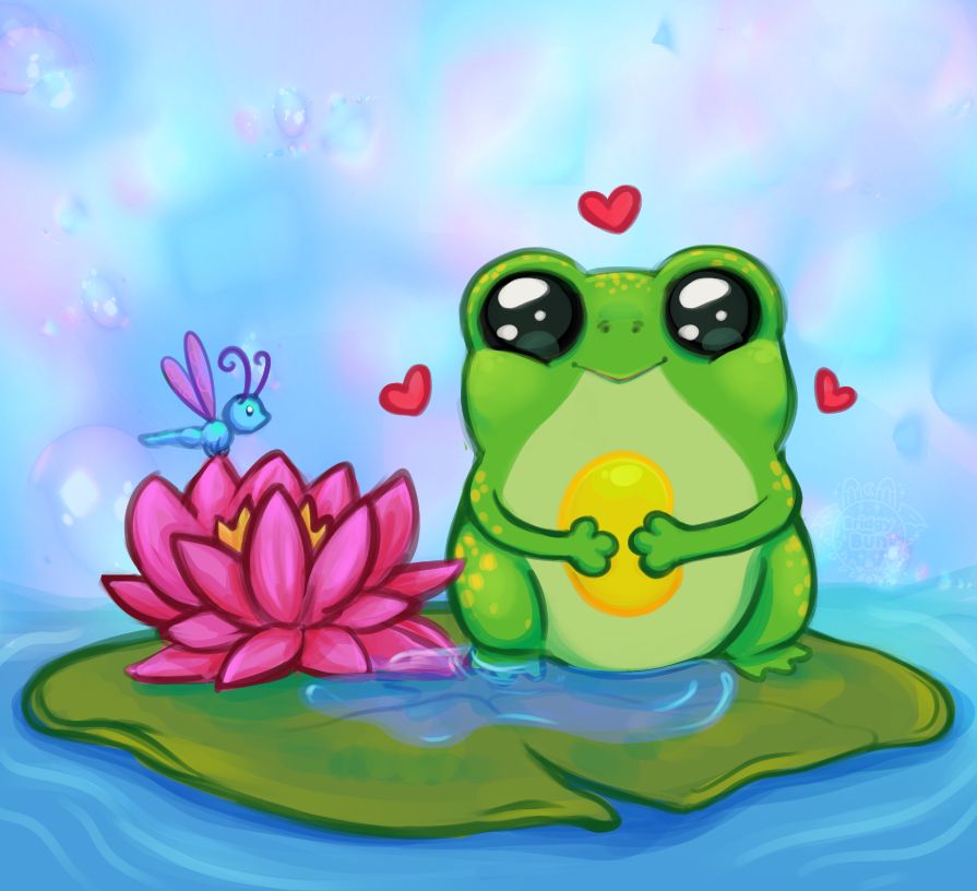 a frog on a lilypad with a lotus flower and a dragonfly 