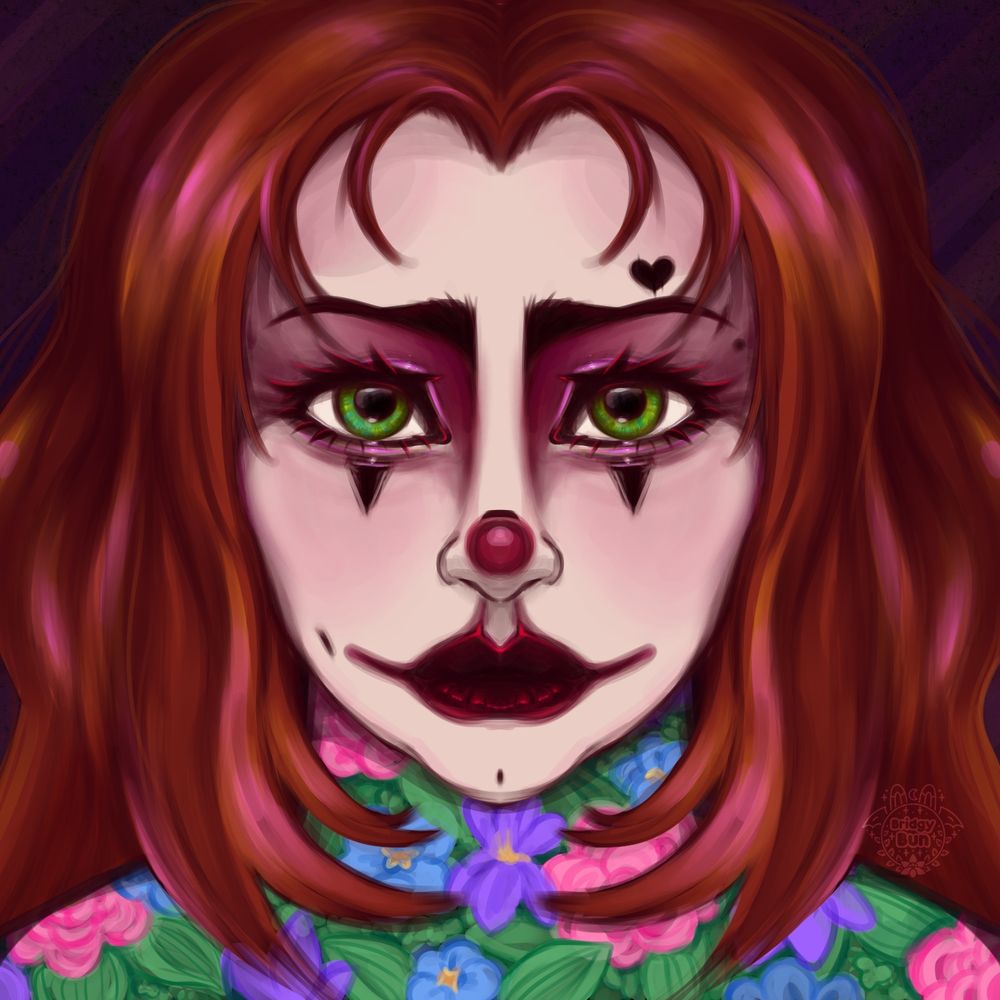 a clown with long red hair and floral patterning on her skin from the neck down. They have piercing green eyes.