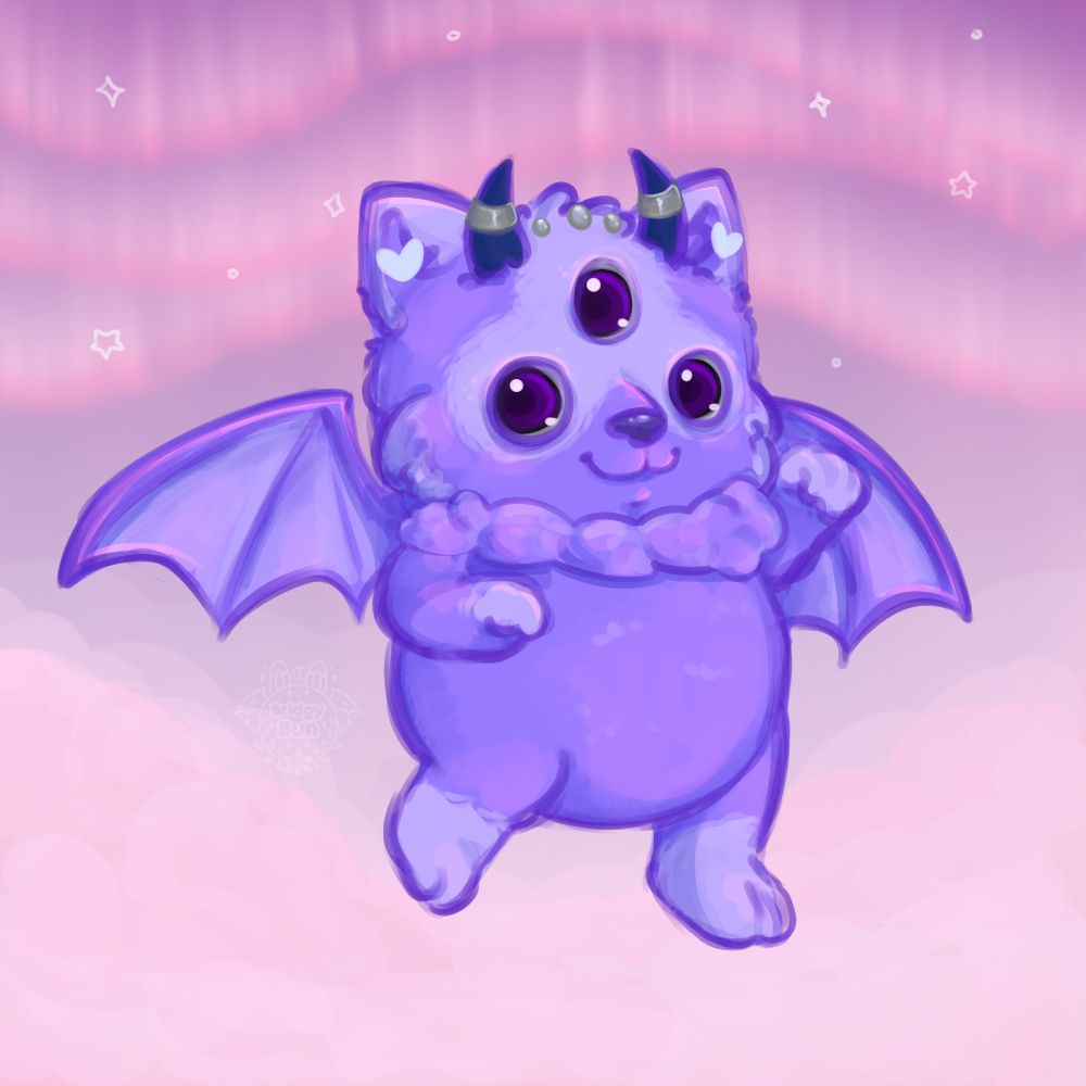 a cute purple cat creature with bat wings, horns and three eyes !