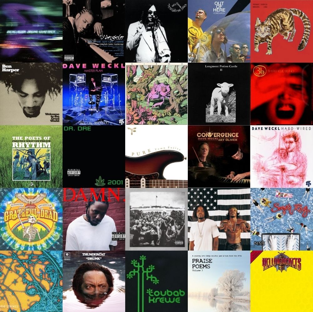 An album grid with my most listened albums of the week featuring colour haze, toubab krewe, outkast, Kendrick Lamar, the grateful dead, dr dre, third eye blind, longmont potion castle, dopapod, Dave weckl, Neil young, tomo Fujita, Ben Harper, D'Angelo, and some video game music from Racing Lagoon. Also THUNDERCAT