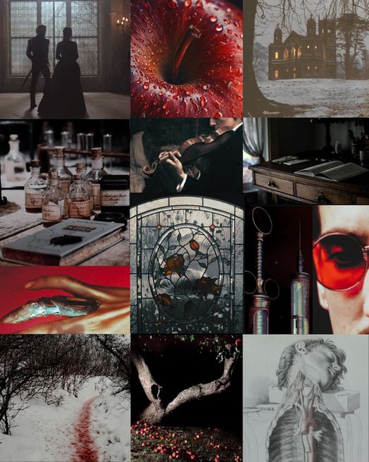 a moodboard for a gothic romantic horror in tones of red and black. Images from top left to bottom right are silhouettes of a man with a sword and a woman at night from behind, in front of a large window and candelabra; a close up on an apple with beads of moisture on it; an old manor at dusk or dawn, surrounded by snow and trees; old medical or chemical bottles behind a clothbound journal; a painting of a man playing violin; a wooden writing desk with an open book atop it; a prosthetic ring finger made of metal; a stained glass window featuring roses; old metal syringes; a man wearing a red eyeglass over his right eye; snowy woods with a trodden bloody trail winding through them; an apple tree at night with many apples on the ground; an anatomical drawing of the interior of a man's ribcage, his organs removed and only the ends of the vessels remaining
