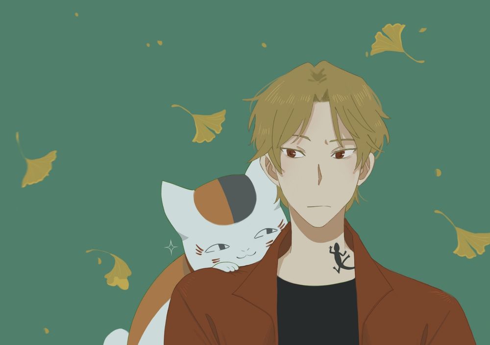 Natsuyuu characters Natori and Nyanko-sensei on a green background with falling yellow ginkgo leaves. Round three colored cat clings to the shoulder of a young man in red shirt and black tshirt, the cat smiles unsettlingly, the man raises an eyebrow at him. there is a black gecko yokai crawling on his neck. 