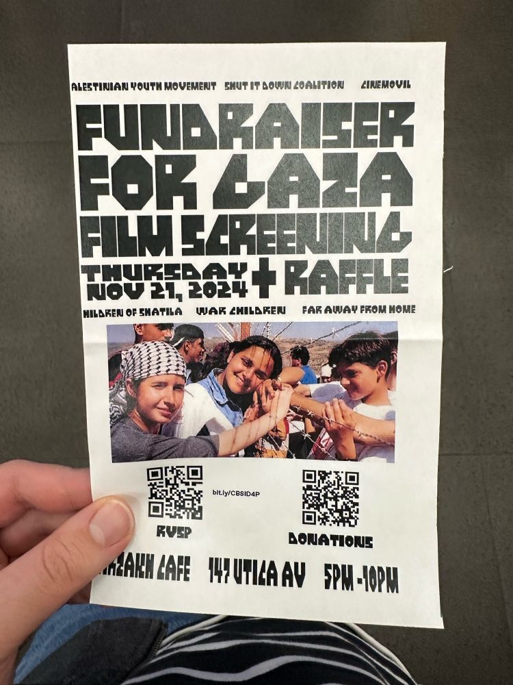 Flyer that reads “Fundraiser for Gaza, film screening Thursday, November 21, 2024 + raffle” with picture of children smiling