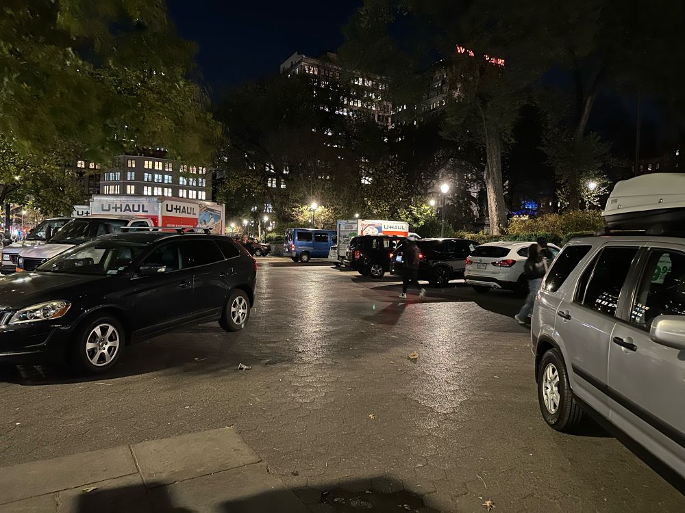 Union Square with dozens of vehicles parked on the plaza 