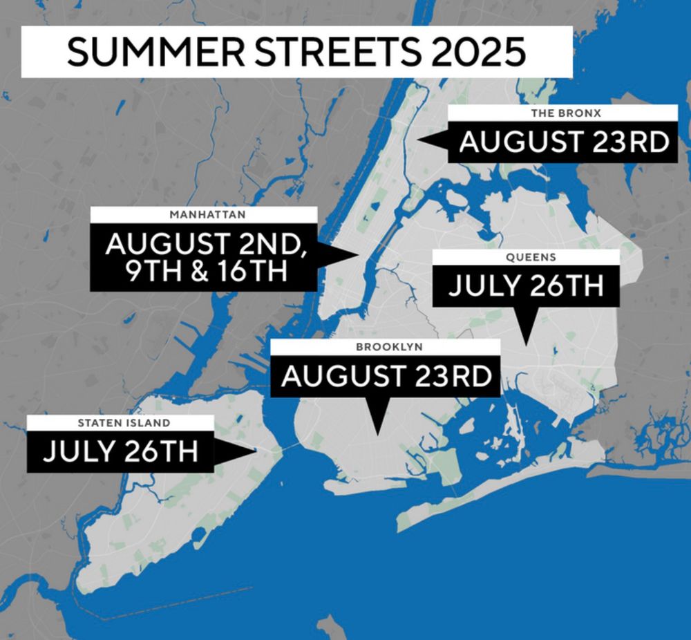 Map of Summer Streets 2025 Schedule:

Manhattan
	•	August 2nd
	•	August 9th
	•	August 16th

Queens
	•	July 26th

Brooklyn
	•	August 23rd

The Bronx
	•	August 23rd

Staten Island
	•	July 26th​​​​​​​​​​​​​​​​