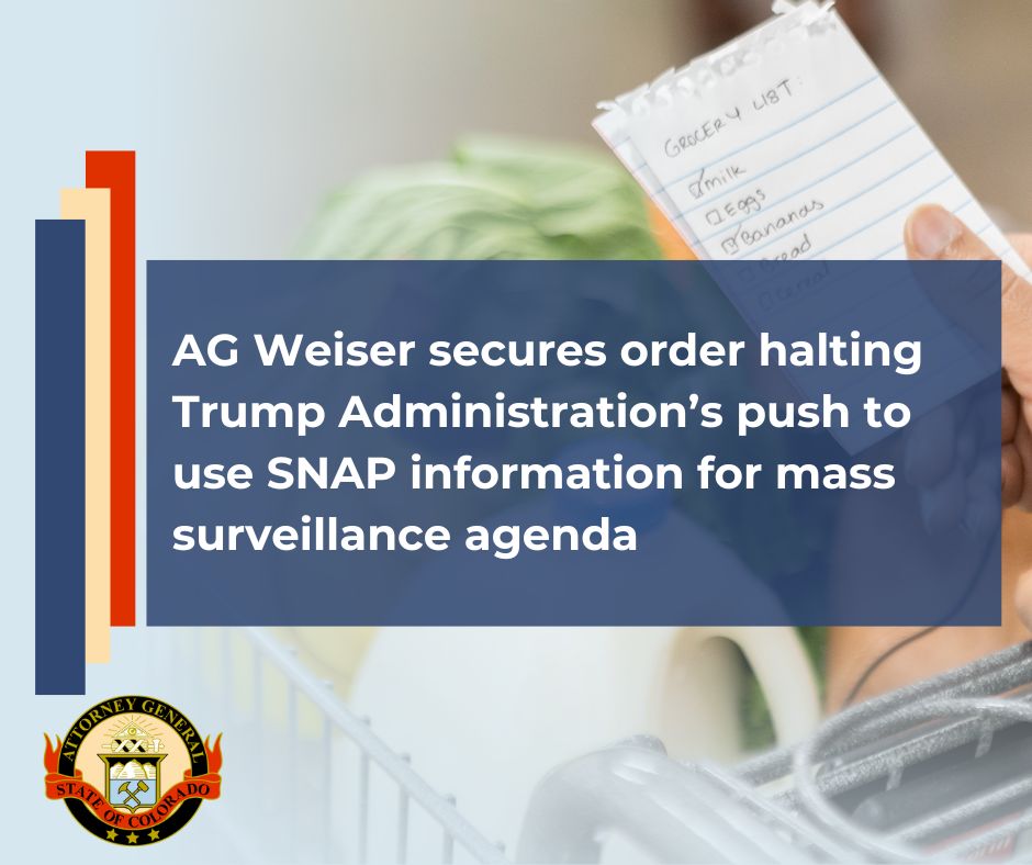 Image featuring an article headline about AG Weiser securing an order against the Trump Administration's use of SNAP information for surveillance. The image includes a visual of a shopping cart and a hand holding a grocery list.