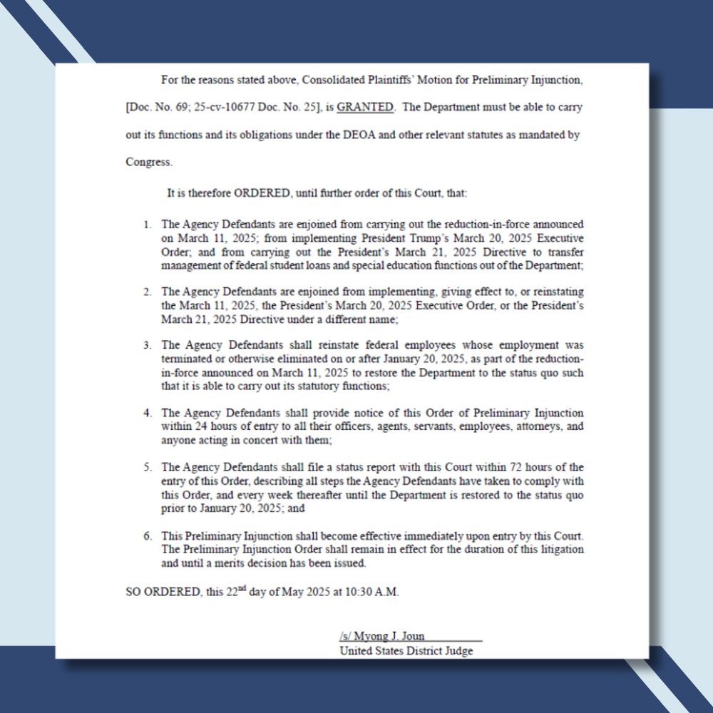A page of a court order outlining a ruling putting in place a preliminary injunction to stop the Trump administration from dismantling the U.S. Department of Education.