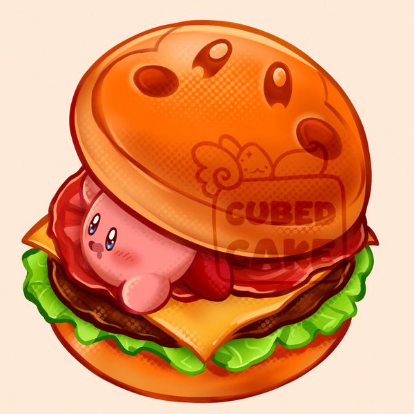 Kirby inside a Waddle Dee decorated burger filled with lettuce, burger patty, cheese, and tomato.