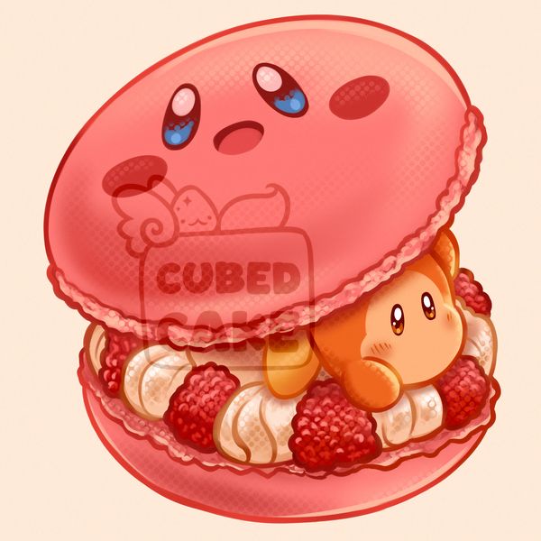 Waddle Dee inside a Kirby decorated macaron filled with white frosting and raspberries.