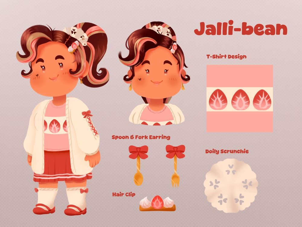 A tan-skinned chibi character named, Jalli-bean is CubedCake's vtuber or pngtuber sona! She wears a white cardigan with red ribbons crossed on the sleeves. A plain pink shirt with a shortcake design in the front of the shirt. A red skirt with three white lines at the end of the skirt. Long socks with a ribbon on the side of the socks, mary jane red shoes, a frosting hair clip that has white frosting and a strawberry slice. She is also wearing a fork and spoon ribbon earring on each ear and a white doily scrunchie. The character's hair has a neopolitan color palette of brown, beige, pink and a bit of red on her ponytail and bangs. Jalli-bean also has a beauty mark in the shape of a heart.