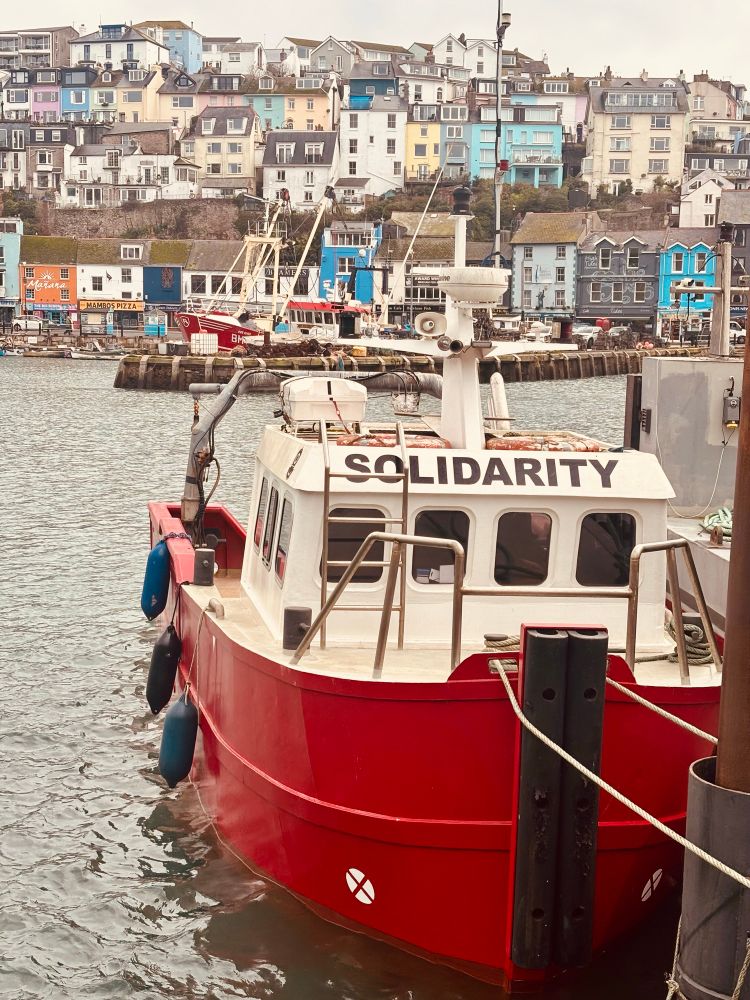 A tug boat named solidarity docked at the harbor. 