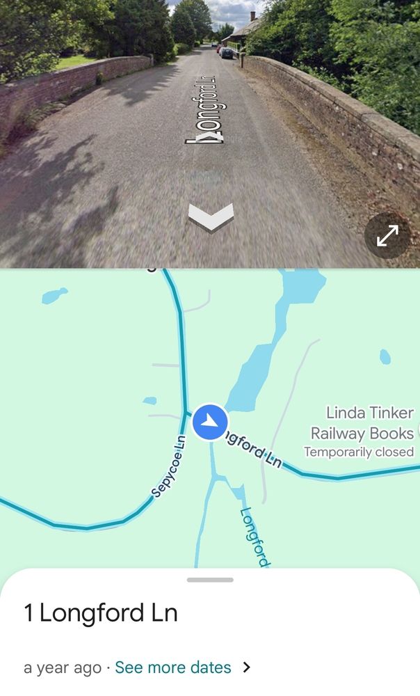 Screen grab from Google street view of 1 Longford Lane showing a fairly  wide bridge 