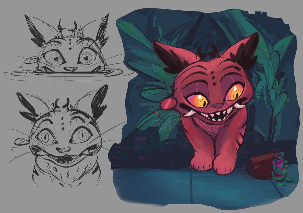 Two sketches of Derpy Tiger with the essence of Cat Alastor mixed together. Top left is "Cat Alastor" Derpy Tiger halfway through the portal and second one is looking cock-eyed at viewer. Third is a messy painting of "Cat Alastor" Derpy after knocking over potted plant. All are based on scenes from the movie Kpop Demon Hunters.