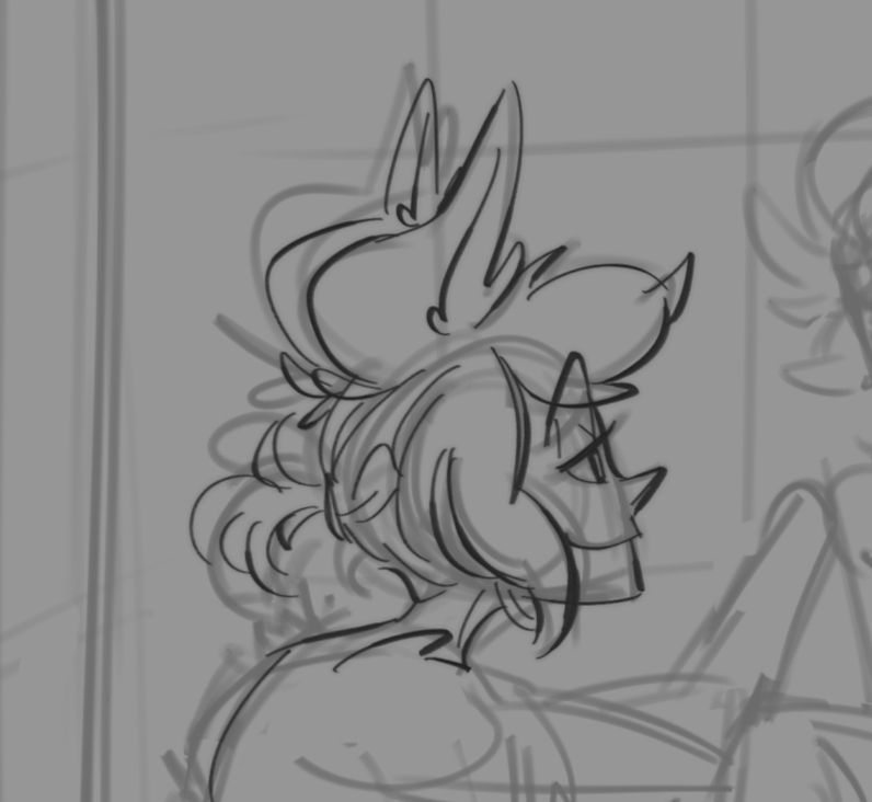 Alastor glancing at Lucifer with an almost loving expression. His hair is tied in a ponytail.