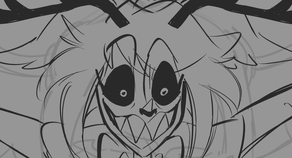 Sneak peek. Alastor is freaking out with his radio eyes, antlers extended, and ears pinned against his head.
