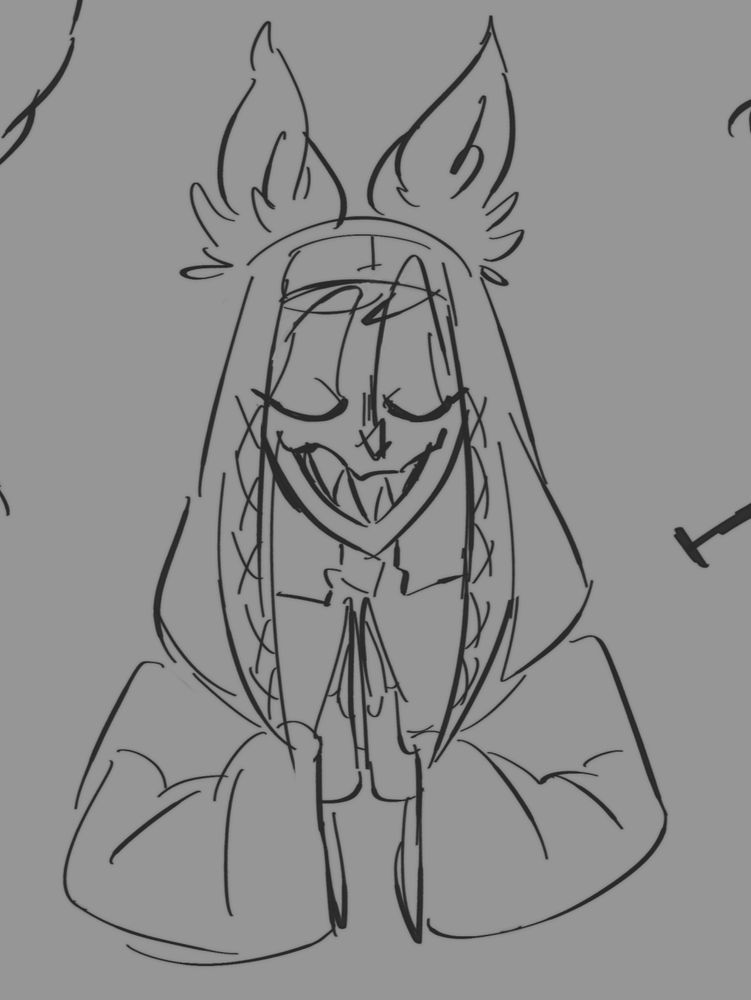 Alastor dressed in a nun's outfit with his hands in a praying gesture.