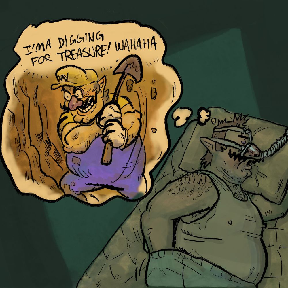 wario from mario having a dream about digging for treasure 