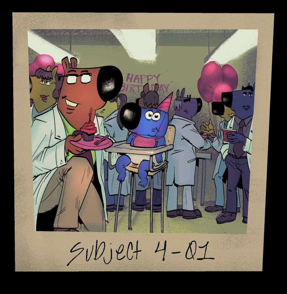 little blue dog celebrating birthday with a bunch of scientists 