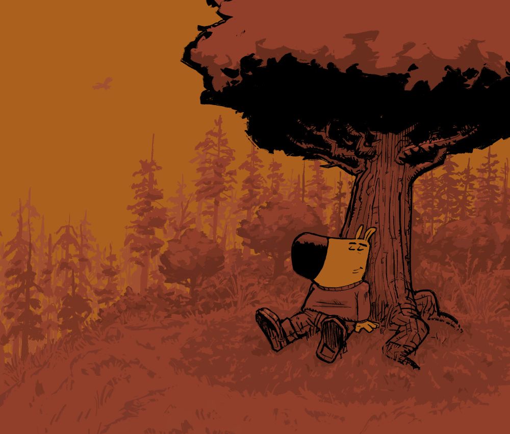 chill guy sitting under a tree. in the background is a forest line