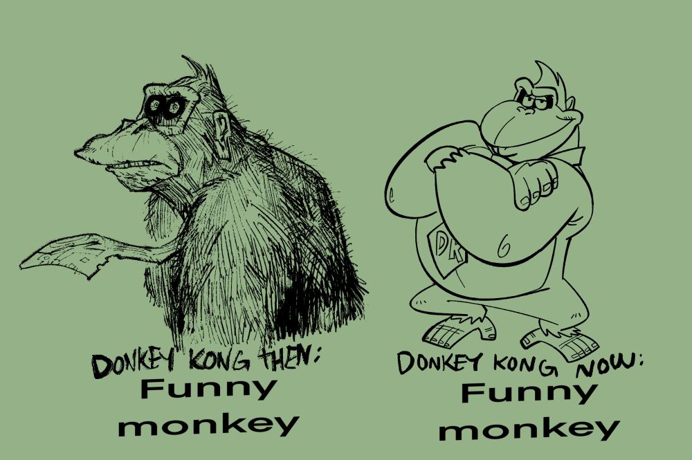 2 styles of donkey kong with the text "donkey kong then: funny monkey" and "donkey kong now: funny monkey"