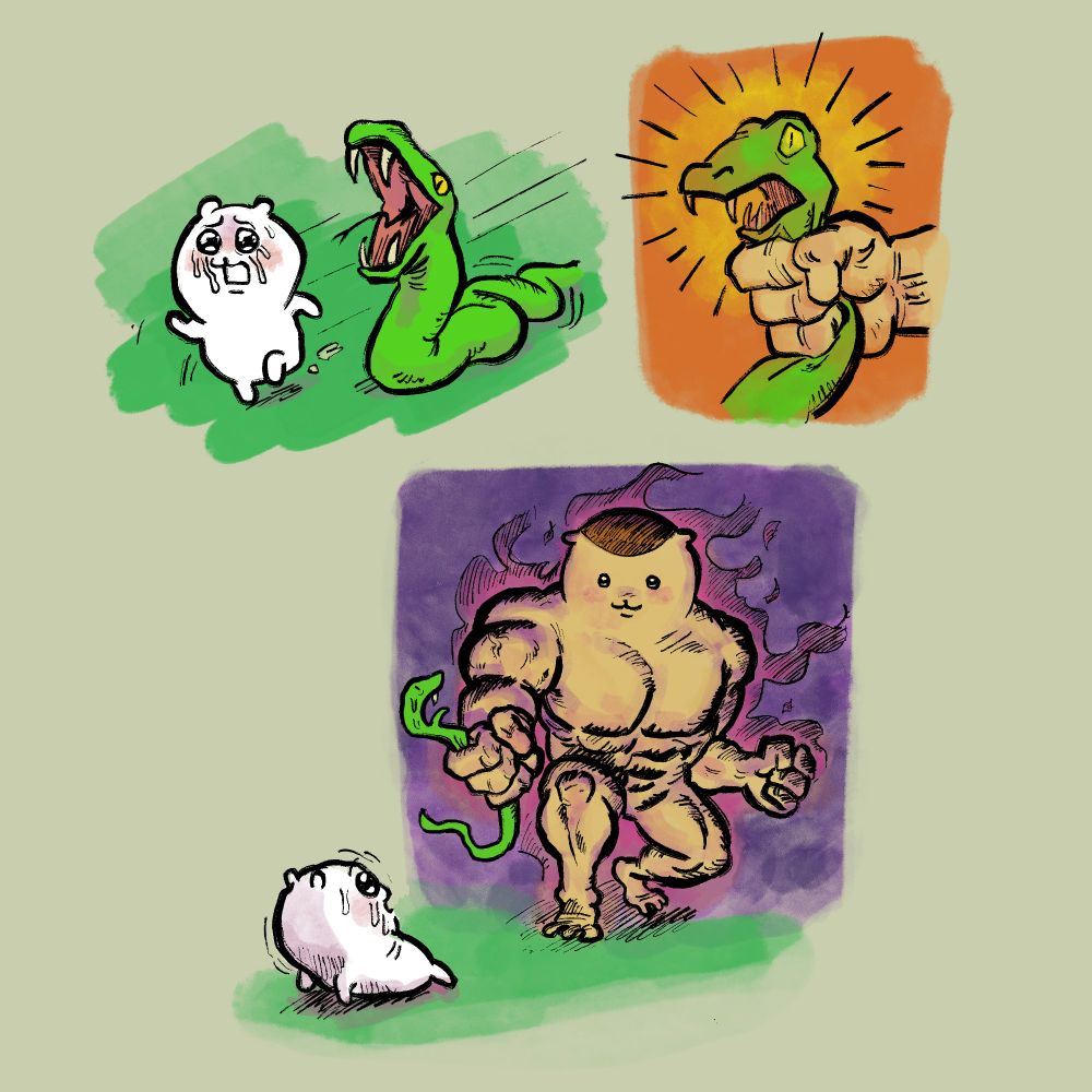 chiikawa being chased by a snake, a hand grabs the snake, revealing its kurimanju (who is buff and has scary aura)