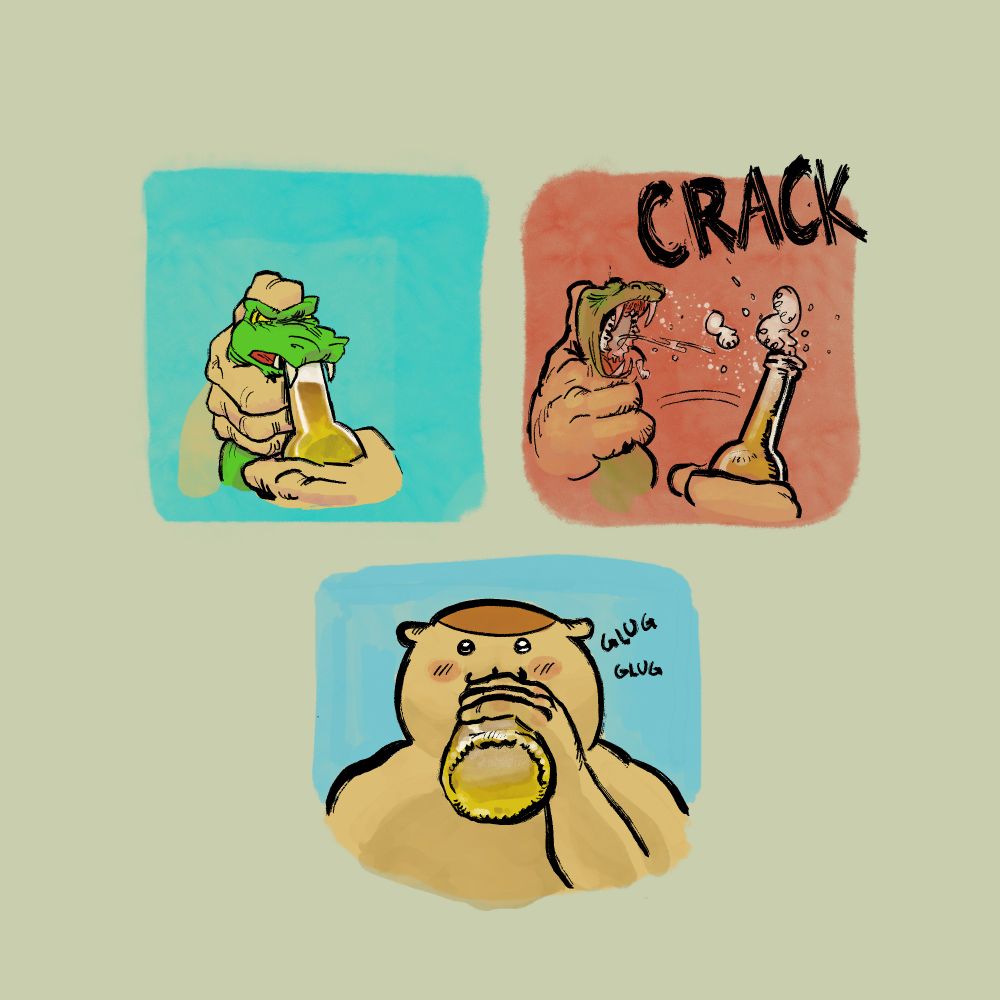 kurimanju then takes the snake in his hand, and uses him as a bottle opener to open a bottle of yellow liquid 