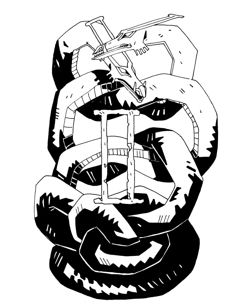 Two snake-like dragons mixing their body together. The gemini sign is visible at the center of the illustration 