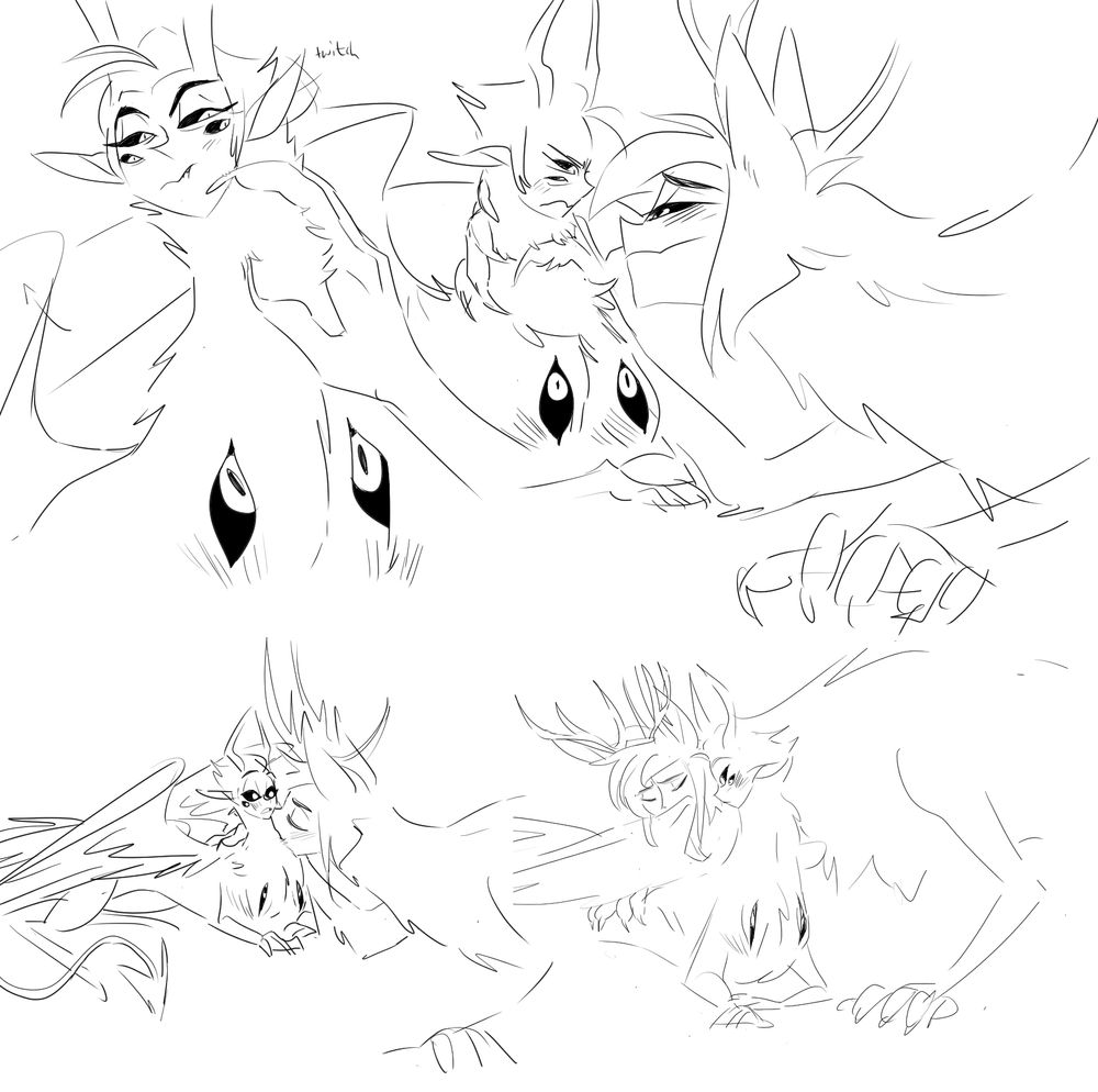 Alastor opens his entire hand on Lucifer's neck, Lucifer leaning away, starting to look a little annoyed as his ear twitches, but the eyes on his chest seem interested as his chest blushes from interest. Alastor then wraps his hand around Lucifer's neck which causes Lucifer to look really annoyed even if his chest is flushed and his eyes wide with delight and his face blushing as well. Then Alastor surprises him by moving his hand to Lucifer's back and nuzzeling his face into Lucifer's neck, the eyes on his chest closing a bit from the comfort. Alastor then moving closer to nuzzel Lucifer's wings from behind him, Lucifer seeming a lil taken by it. 