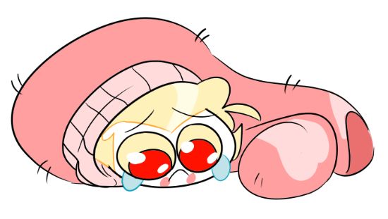 Lucifer in his pink sweater, lying on the floor craying