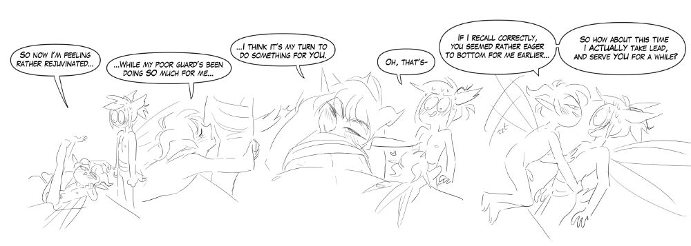 Lucifer rolls on to his back with his legs in the air and flirtatiously says "So now I'm feeling rather rejuvinated...while my poor guard's been doing SO much for me... I think it's my turn to do something for YOU." 
He says now holding onto Alastor's waist, face pressed into his dick.

"Oh, that's-" Al says while sweating nervously

"If I recall correctly, you seemed rather eager to bottom for me earlier...so how about this time I ACTUALLY take lead, and serve YOU for a while?" Lucifer says, flying up a little to hold all of Al's body weight as he holds him by the small of his back and leans him backwards. 