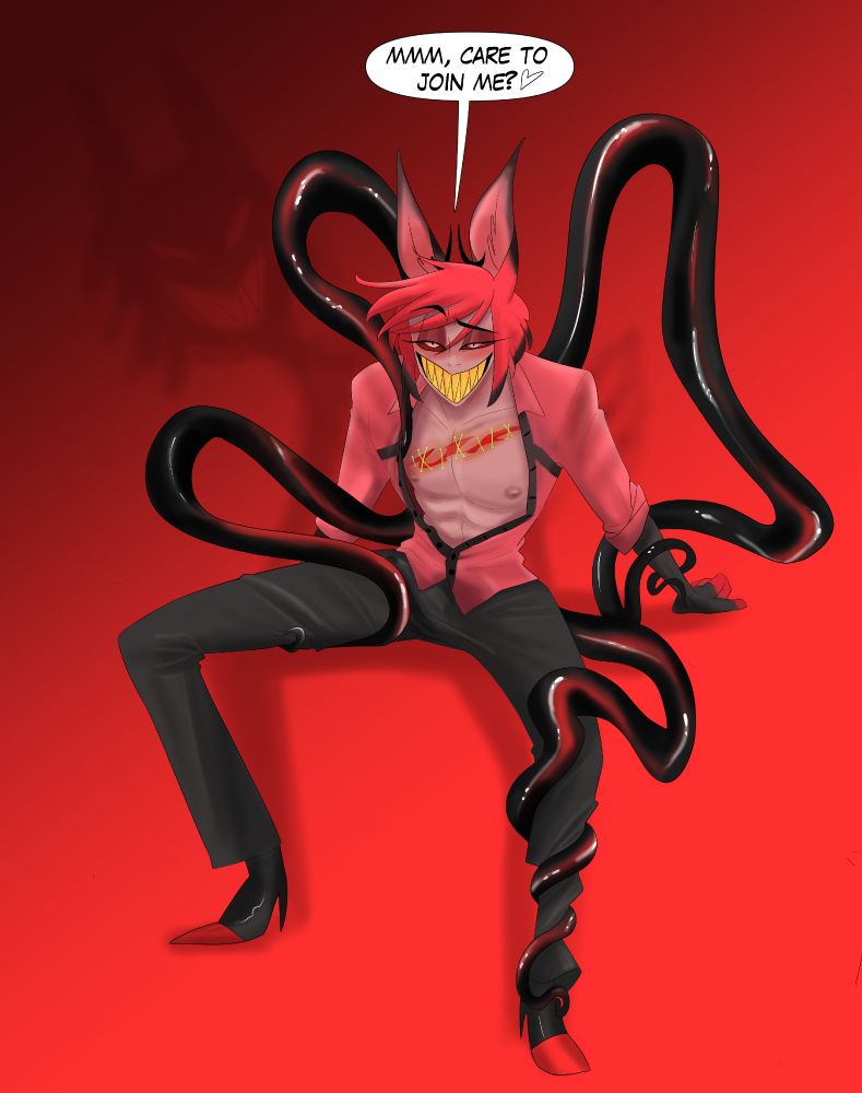 Alastor sitting, leaning forward a bit with an open shirt, his tentacles wrapping around his legs, one pulling his shirt open, and another pressed against his erect cock. He stares, aroused, asking "mmm, care to join me?" 