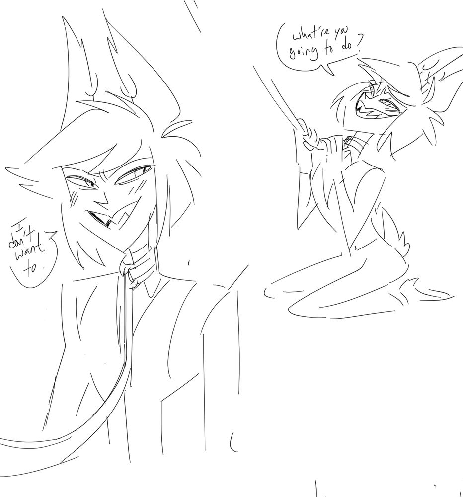 Alastor from hazbin hotel on a leash "i dont want to" he says "what're you gonna do?"