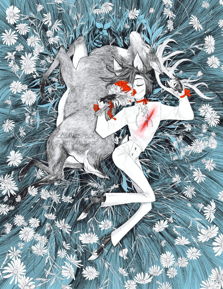 An illustration of Alastor from Hazbin Hotel lying against a deer in a bed of Daisies. He holds a bouquet of Roses with his wrists and neck tied with red ribbon and a bloody slash across his chest. 
He holds his passion, his power, but he is still bound by it in his death.