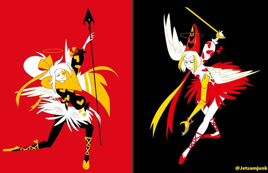 Vaggi's ballet illustrations paired with Lute's, One is looking up with open arms to Heaven, the other is bowing down, looking down on Hell, ready to strike