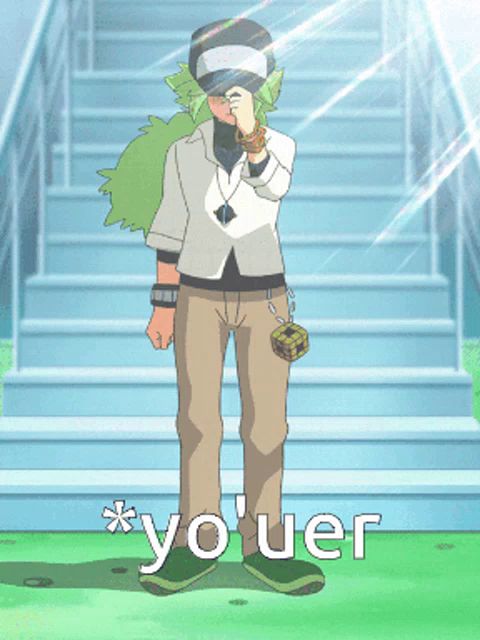 a cartoon character is standing in front of a set of stairs and says " yo uer " on the bottom