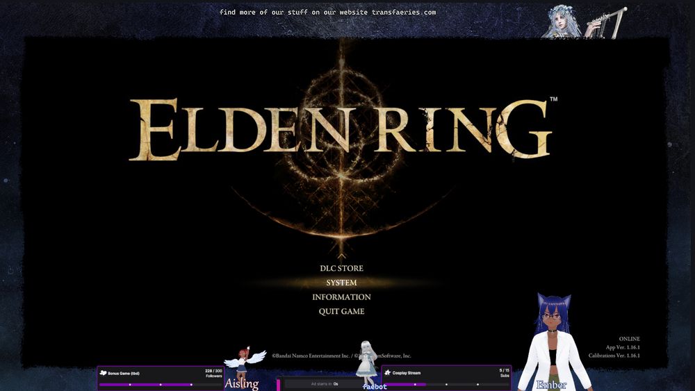 Ember Aisling and Faebot in front of the Elden Ring Title Screen