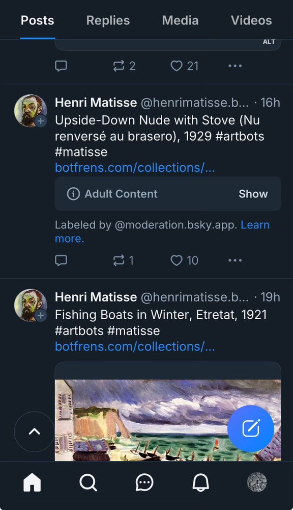 Screenshot of @henrimatisse ‘s timeline. It includes a skeet with a warning hiding a drawing of a nude person, and the warning has the option to tap “Show” to see the picture. Beneath the warning, it notes that the pic was labeled by @moderation.bsky.app, with a link to learn more. 