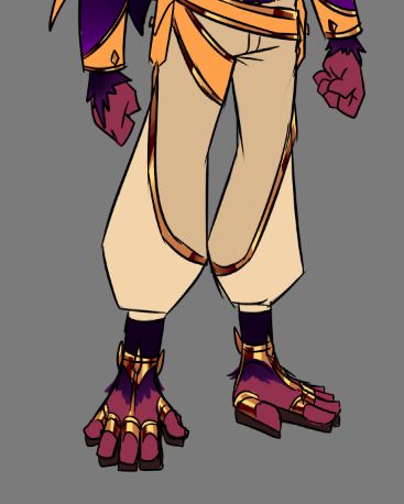 Crop of a sketch artwork for an OC of mine, it features his baggy pants and unique hand-foot sandals. The sandals have foam pad soles and connect to the finger toes by golden bands/straps.