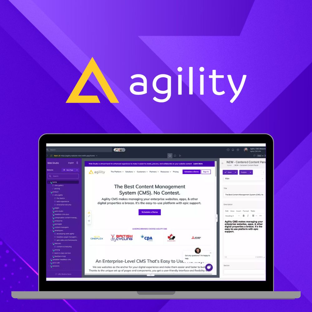 Agility CMS, purple background with laptop screen