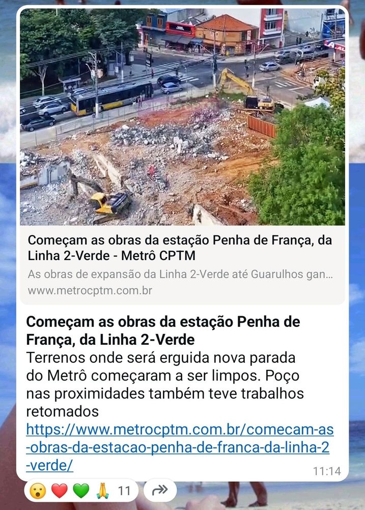 foto de artigo que diz:

Começam as obras da estação Penha de França, da Linha 2-Verde
Terrenos onde será erguida nova parada do Metrô começaram a ser limpos. Poço nas proximidades também teve trabalhos retomados
https://www.metrocptm.com.br/comecam-as-obras-da-estacao-penha-de-franca-da-linha-2-verde/