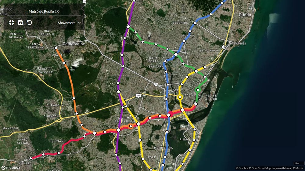 mapa ficticio do metro de recife evoluido, com as linhas camaragibe e jaboatao sendo as unicas intactas. a linha sul segue ate o norte e existem 3 novas linhas