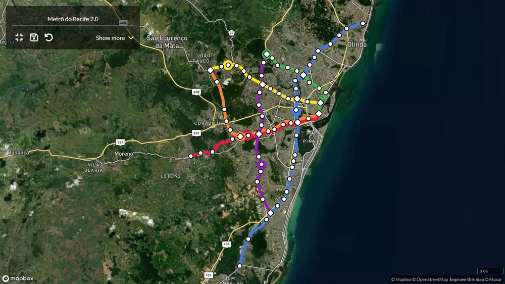 mapa ficticio de um metro para recife. as linhas para camaragibe e jaboatao continuam iguais, e a linha sul é estendida para o norte. 3 linhas novas sao adicionadas, verde e roxa ineditas, e amarela seguindo o BRT leste-oeste