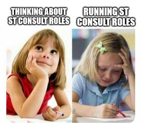 Thinking about ST Consult roles (image of a girl looking hopeful) / Running ST Consult roles (image of a girl crying)