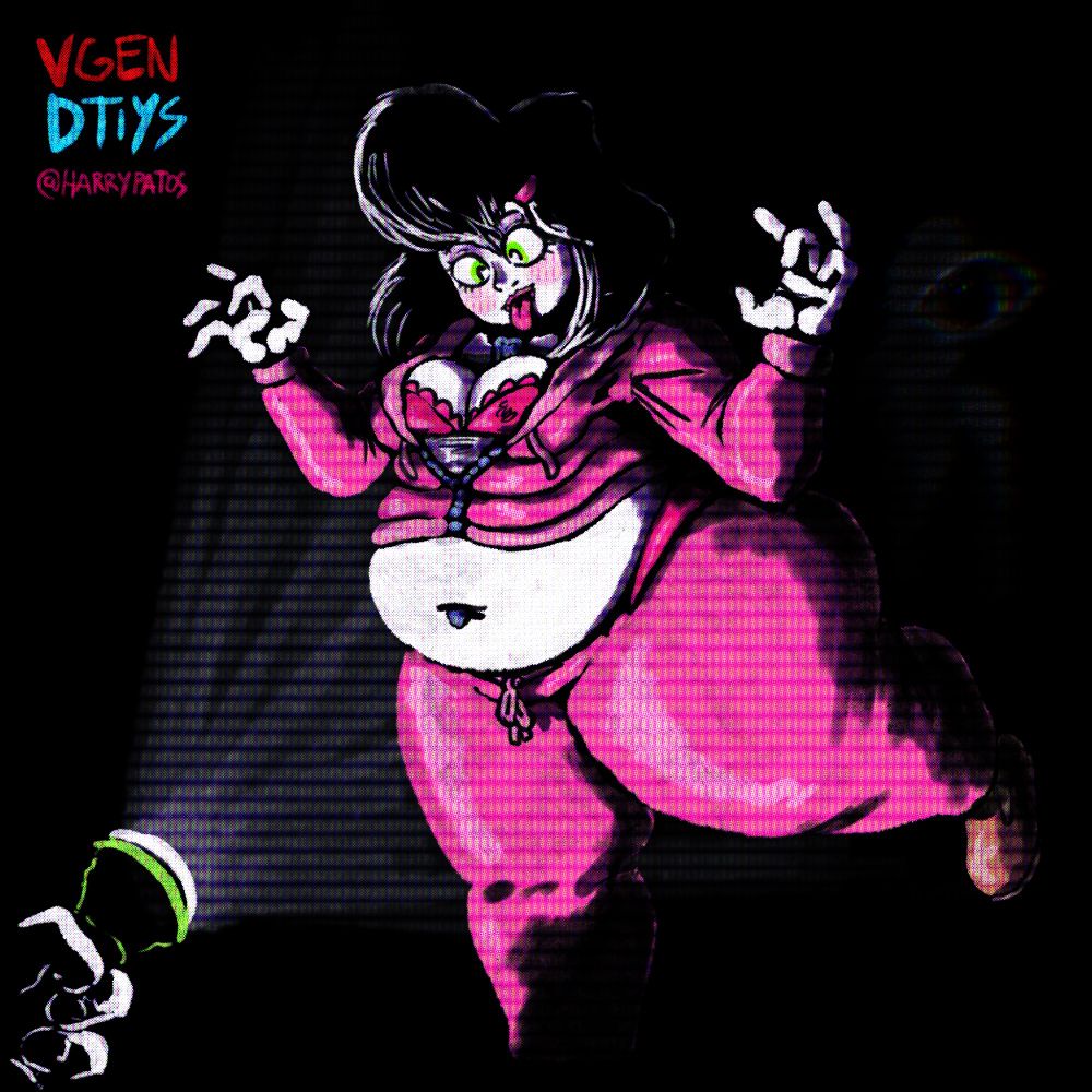 A chubby fanzy girl in pink with a ghost behind.
