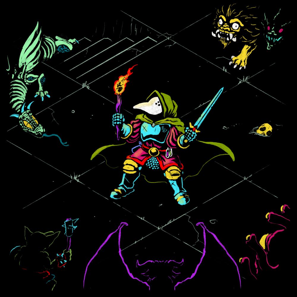 A fake indie rpg game with a raven knight in a dungeon surounded by monsters.