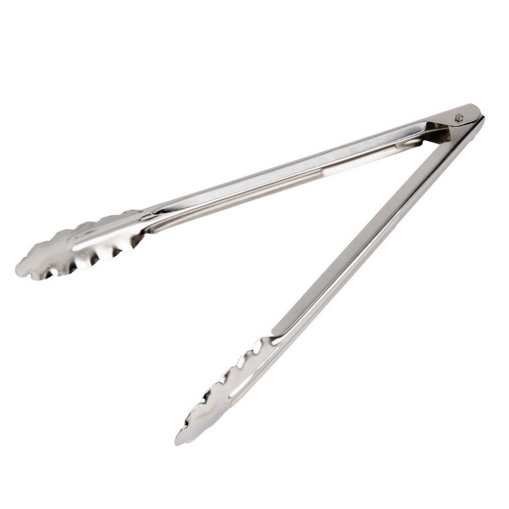 A pair of silver aluminum barbecue tongs on a white background .