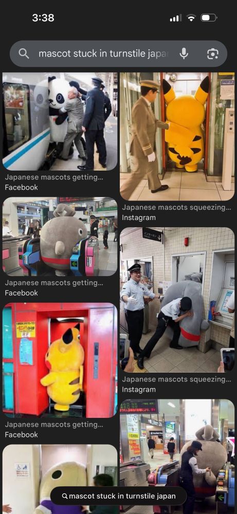 Google search results for “mascot stuck in turnstile Japan” which shows several photos of large Humana sized mascot costumed people stuck in various spots like elevators, turnstiles, and train doors 