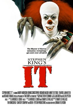 Movie poster for the movie IT. The it clown in tearing through the too right corner of an otherwise unremarkable white poster with IT in big red letters 